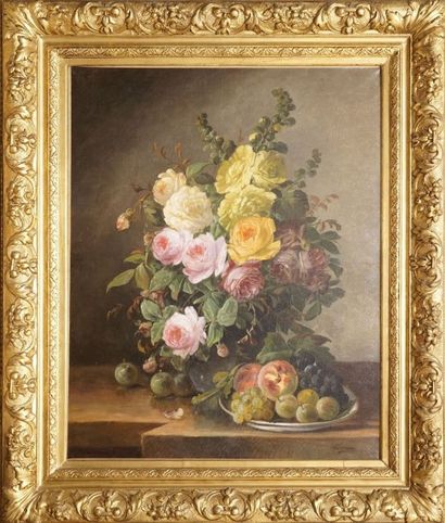 SUREAU, XIX-XXe siècle Bouquet et coupe de fruits

Huile sur toile (restaurations),...