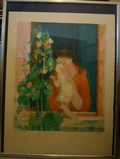 COLLOMB Paul (1921-2010) Femme au chat 

Lithographie (insolation), signée en bas...