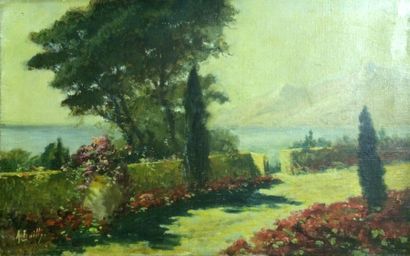 null BAILLY A., XXe siècle,
Terrasse fleurie en bord de mer
Huile sur toile, signée...