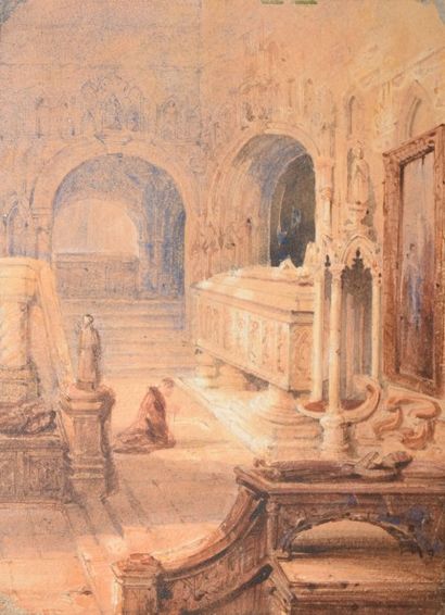 null ÉCOLE ROMANTIQUE du XIXe siècle

Intérieur gothique aux tombeaux

Aquarelle,...