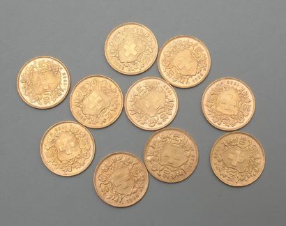 null 10 pièces en or jaune 20 Francs Suisse Vreneli ou « tête d’Helvetia » (L 1935...