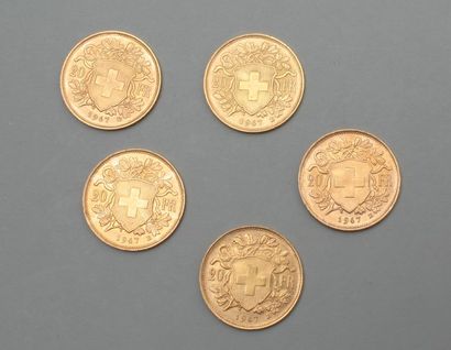 null 5 pièces en or jaune 20 Francs Suisse Vreneli ou « tête d'Helvetia » (1947 ...