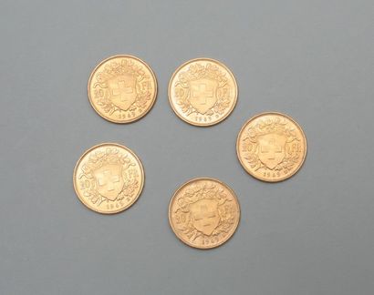 null 5 pièces en or jaune 20 Francs Suisse Vreneli ou « tête d'Helvetia » (1949 ...