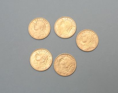 null 5 pièces en or jaune 20 Francs Suisse Vreneli ou « tête d'Helvetia » (1949 ...