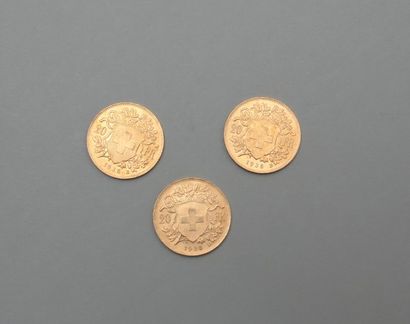 null 3 pièces en or jaune 20 Francs Suisse Vreneli ou « tête d'Helvetia » (1935 ...