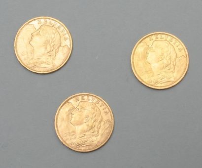 null 3 pièces en or jaune 20 Francs Suisse Vreneli ou « tête d'Helvetia » (1912 B...