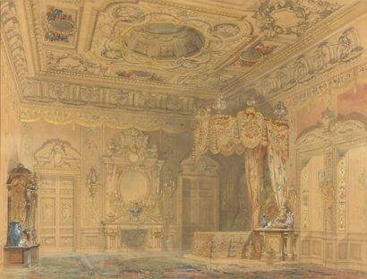 Jules DIETERLE Chambre d'apparat, 1851
Aquarelle et rehauts dorés
Signée et datée...
