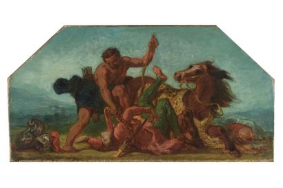 Eugène DELACROIX Hercule saisit la ceinture d'Hippolyte, 1852
Huile sur toile
Cachet...
