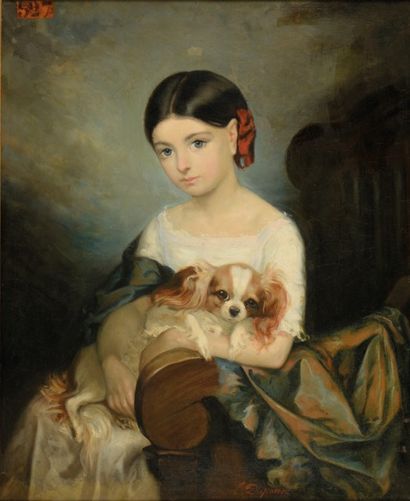E. DUPONT Jeune fille au chien
Huile sur toile
Signée en bas au milieu
72x59 cm