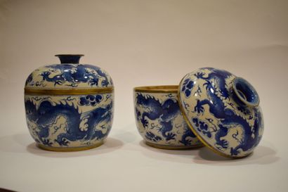 null Paire de pots couverts en porcelaine, à décor de dragons en bleu sur fond beige...