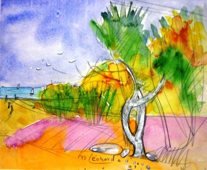 LEONARD Maurice Paysage en bord de mer,mine de plomb et aquarelle,signée en bas au...