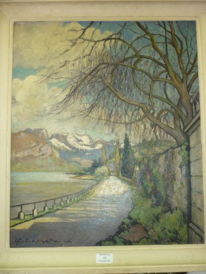 LACHAT Louis François,né en 1873 "Route le long d'un lac de montagne" 1932huile sur...