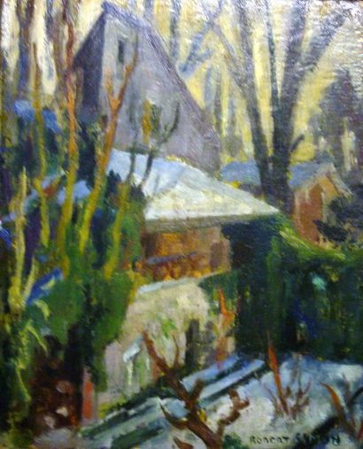 Robert SIMON,1888-1961 Cressy en Brie,la tour des Hauts-Bries,huile sur carton,signé...