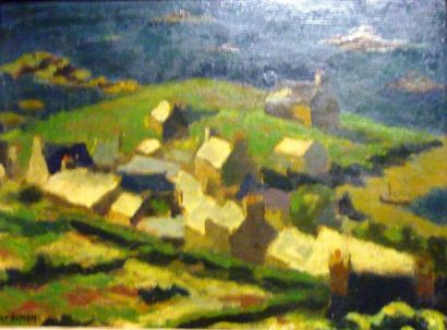 Robert SIMON,1888-1961 Le reflet sur les toits,la baie de Launay,huile sur carton...