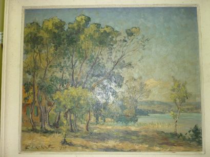 LACHAT Louis François,né en 1873 "Rives du lac à Sevrier" 1946,huile sur toile,signée...