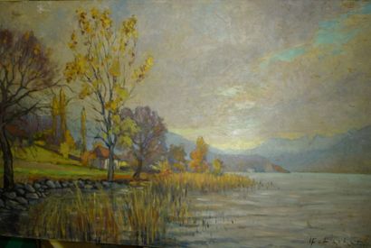 LACHAT Louis François,né en 1873 " A Veyrier du Lac" 1940,huile sur panneau (tâches),signée...