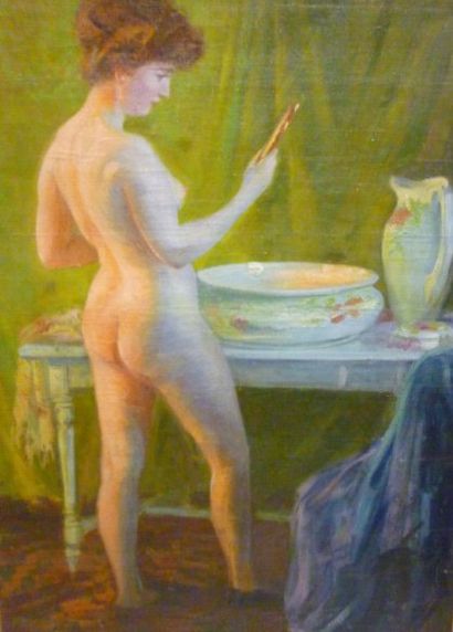 ÉCOLE POST-IMPRESSIONNISTE, Jeune femme rousse à sa toilette,huile sur toile (usures...