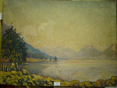 LACHAT Louis François,né en 1873 "Lac d'Annecy à Veyrier",huile sur toile (enfoncements),signée...