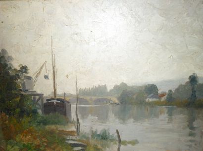 LACHAT Louis François,(attribué à ) "Péniche et grue au bord de la rivière" 1930,huile...
