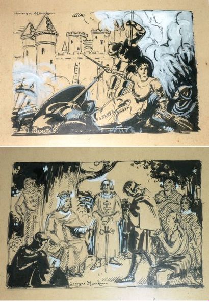 MARCHOU Georges (1898-1984) Une paire,Projet d'illustrations,encore et gouache,signée...