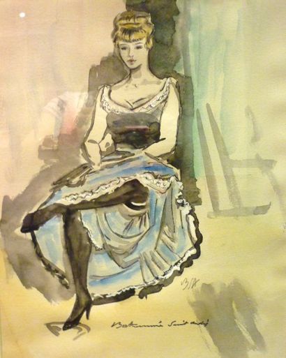 BERTHOMME SAINT ANDRE Louis,1905 - 1977 Femme aux bas noirs,aquarelle,signé et monogrammé...
