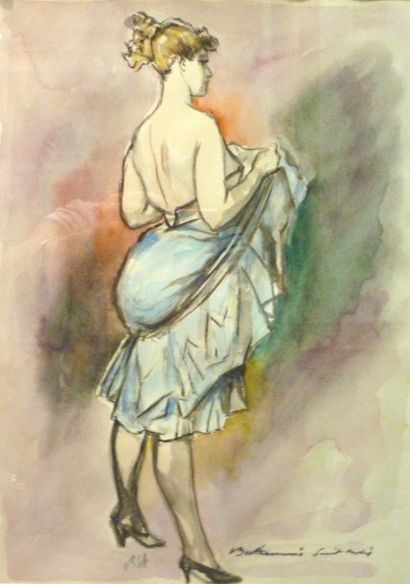 BERTHOMME SAINT ANDRE Louis,1905 - 1977 La robe bleue,aquarelle,signé en bas à droite,monogrammé...