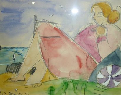 LEONARD Maurice Femmes au bord de mer,crayon et aquarelle,signée en bas à gauche,cachet...