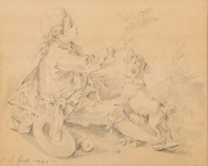 HUET Jean - Baptiste 1 - Jeune villageois et son chien et l'oiseau messager
Pierre...