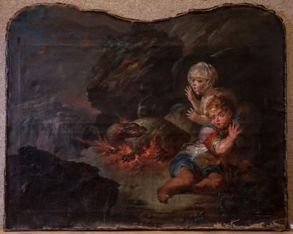 ECOLE FLAMANDE du XVIIIe siècle Deux enfants effrayés par une salamandre sortant...