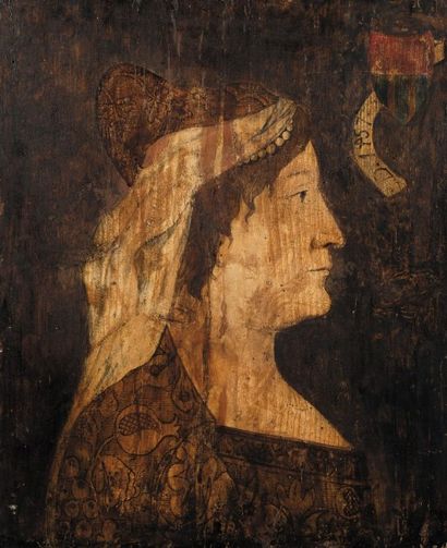 ECOLE VENITIENNE Portrait de profil d'une femme coiffée de la corne ducale
Tempéra...