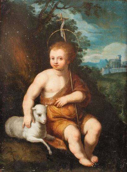 ECOLE ITALIENNE Saint - Jean Baptiste enfant à l'agneau
Huile sur cuivre (petits...