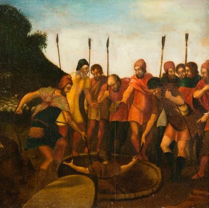 ECOLE ITALIENNE (Manière du XVIIe siècle) Joseph sorti du puits
Huile sur toile (Restaurations)
Dim.:...