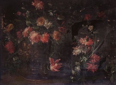 MARCHIONI Elisabeth (attribué à) Vase de fleurs et bouquet sur un entablement
Huile...