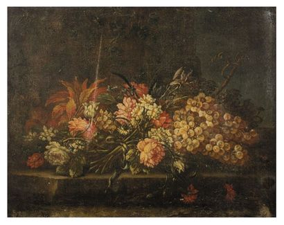 Ecole Italienne du XVIIIe siècle 1 - Bouquets de fleurs et raisins sur un entablement...