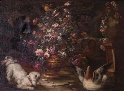 École NAPOLITAINE du XVIIIe siècle 1 - Vase de fleurs, petit chien et canard
Huile...