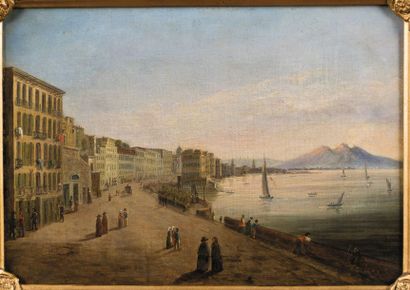 Ecole Italienne du XIXe siècle La Baie de Naples avec le Vésuve fumant au loin.
Huile...