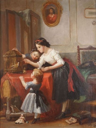 LANFANT DE METZ François Louis, 1814-1892 
Enfants nourrissant un oiseau
Huile sur...