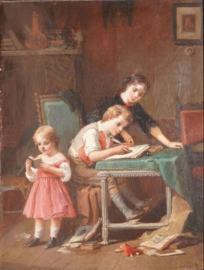 LANFANT DE METZ François Louis, 1814-1892 
Les devoirs
Huile sur toile (craquelures...