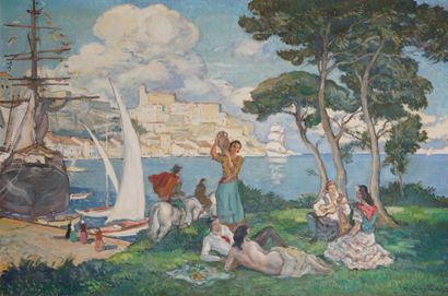 LANGLADE PIERRE, 1907-1972 
Déjeuner sur l'herbe devant le port de Marseille
Huile...