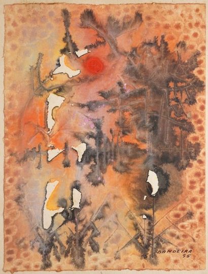 BANDEIRA Antonio, 1922-1967 
Composition au soleil rouge
Technique mixte sur papier,...