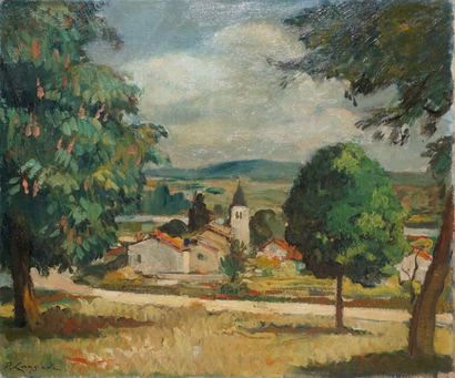 LANGLADE PIERRE, 1907-1972 
Paysage au clocher
Huile sur toile (accident), signée...