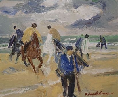 LEFRANC Roland, 1931-2000 
Plage normande aux chevaux
Huile sur toile, signée en...