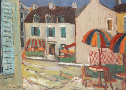 MACMIADHACHAIN Padraig, né en 1929 
Terrasse aux parasols
Huile sur panneau (très...