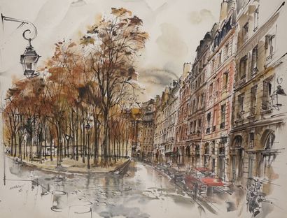 MARKO Serge, né en 1926 
Arbres et façades à Paris
Aquarelle, signée en bas à gauche
48x63...