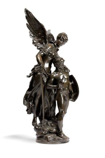 MOREAU Mathurin, 1822-1912 
Allégorie de la Victoire
Groupe en bronze à patine brune...