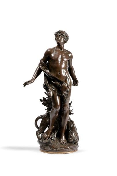 MOREAU Mathurin, 1822-1912 
Ephèbe et tigre
Groupe en bronze à patine brun rous nuancée...