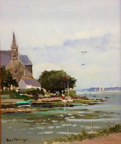 BARTHÉLÉMY Gérard, né en 1927 
Église en bord de mer à Saint Cado
Huile sur toile,...