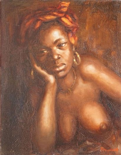 MULDER Jan, 1895-1988 
Africaine aux créoles, 1952
Huile sur toile, signée en bas...