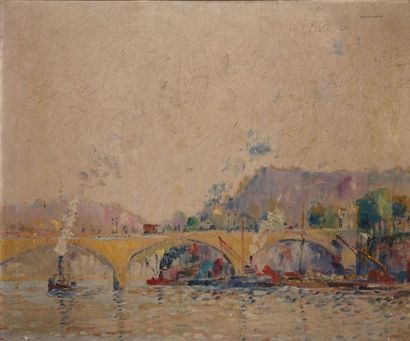 THEVENET Pierre, 1870-1937 
Remorqueurs sous un pont
Huile sur panneau, signé en...