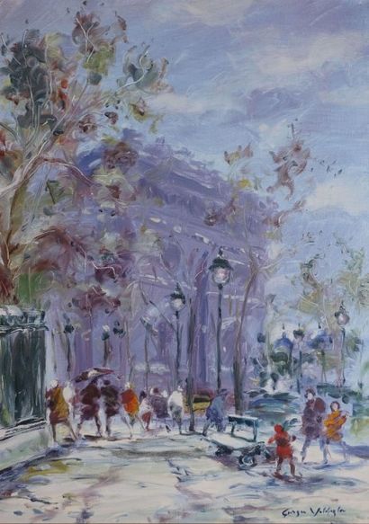 YOLDJOGLOU Georges, né en 1933 
Passants à Paris devant l'Arc de Triomphe
Peinture...